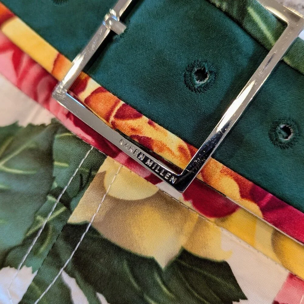KAREN MILLEN Pleated Floral Skirt 12 Belted Mini English Roses Garden